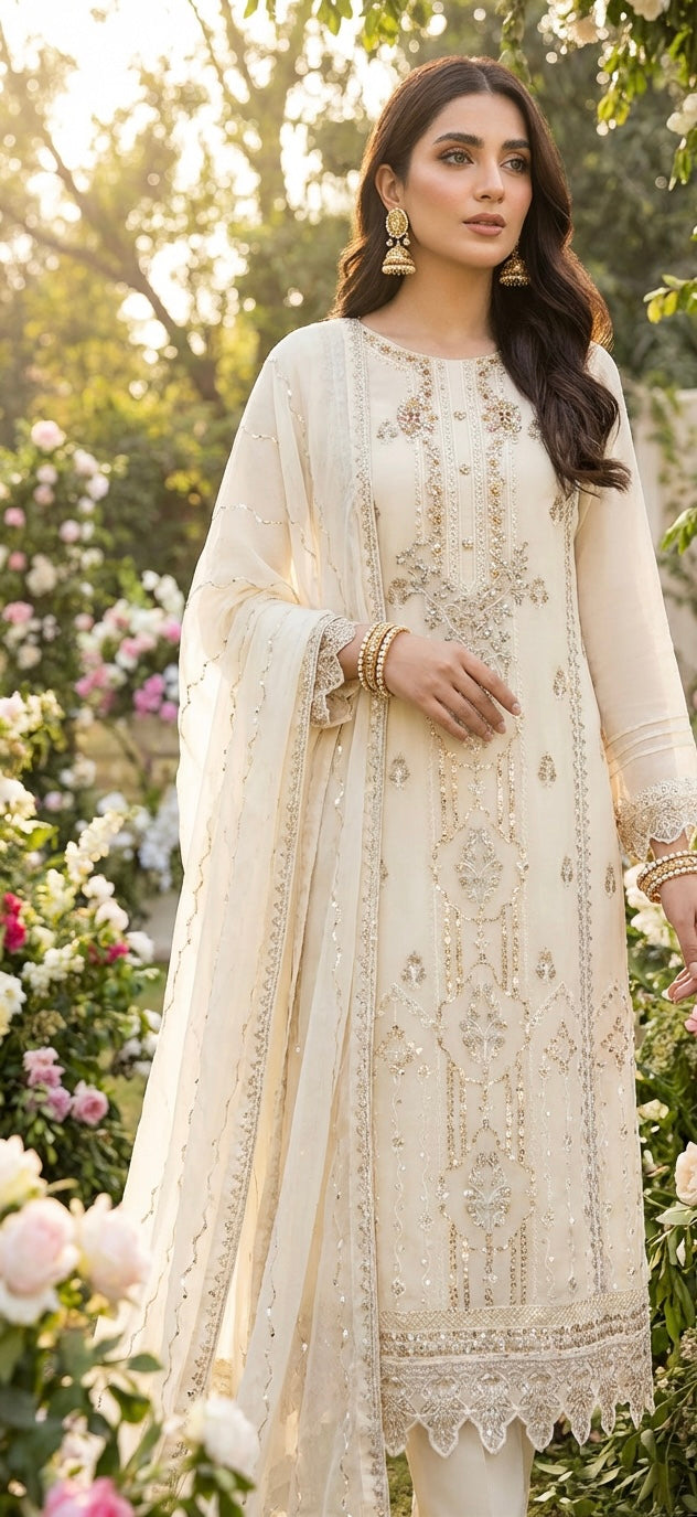 Embroidered Chiffon Suit Cream