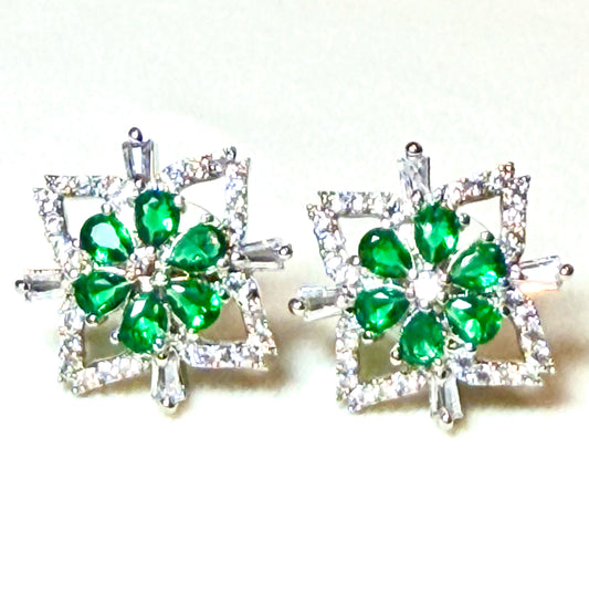 AD Flower Stud Earrings Green