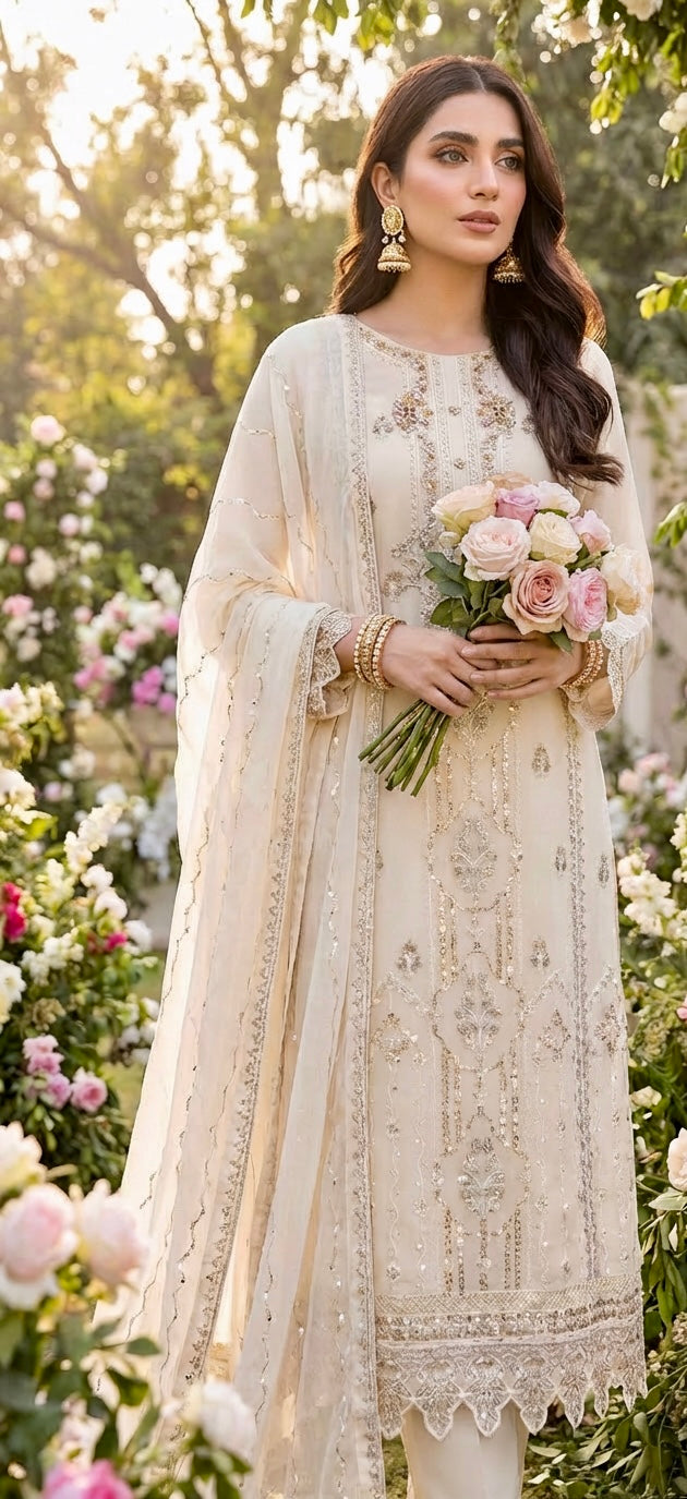 Embroidered Chiffon Suit Cream