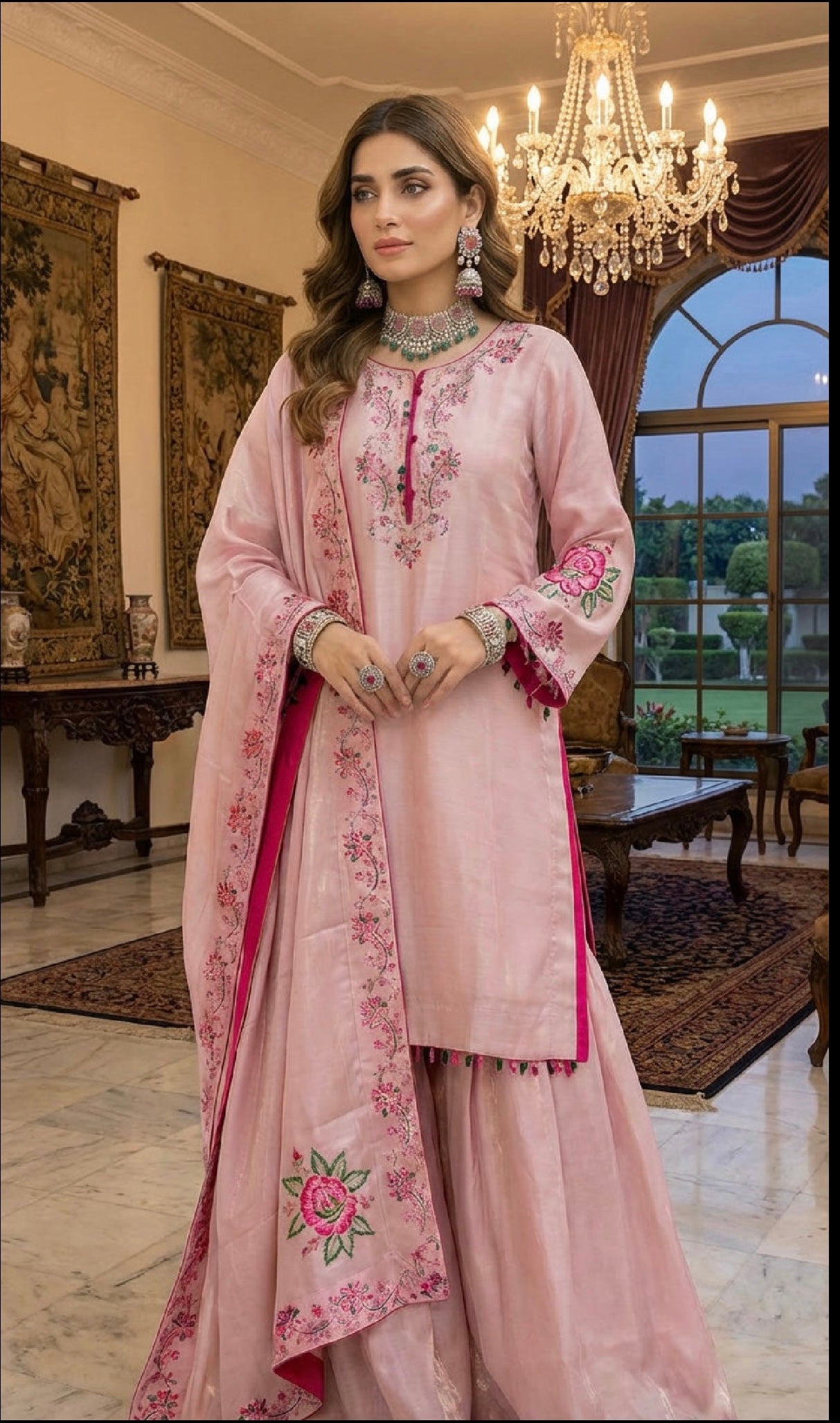 Shimmer Velvet Silk Block Print Sharara Suit Pink