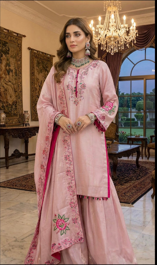 Shimmer Velvet Silk Block Print Sharara Suit Pink