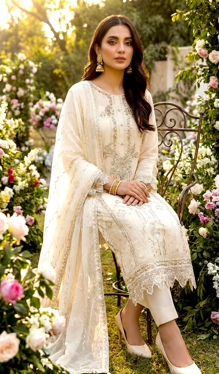 Embroidered Chiffon Suit Cream