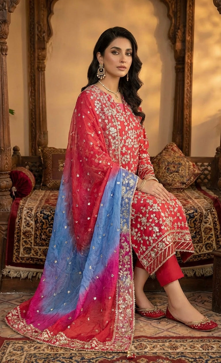 Hand Gota Work Chiffon Suit Red