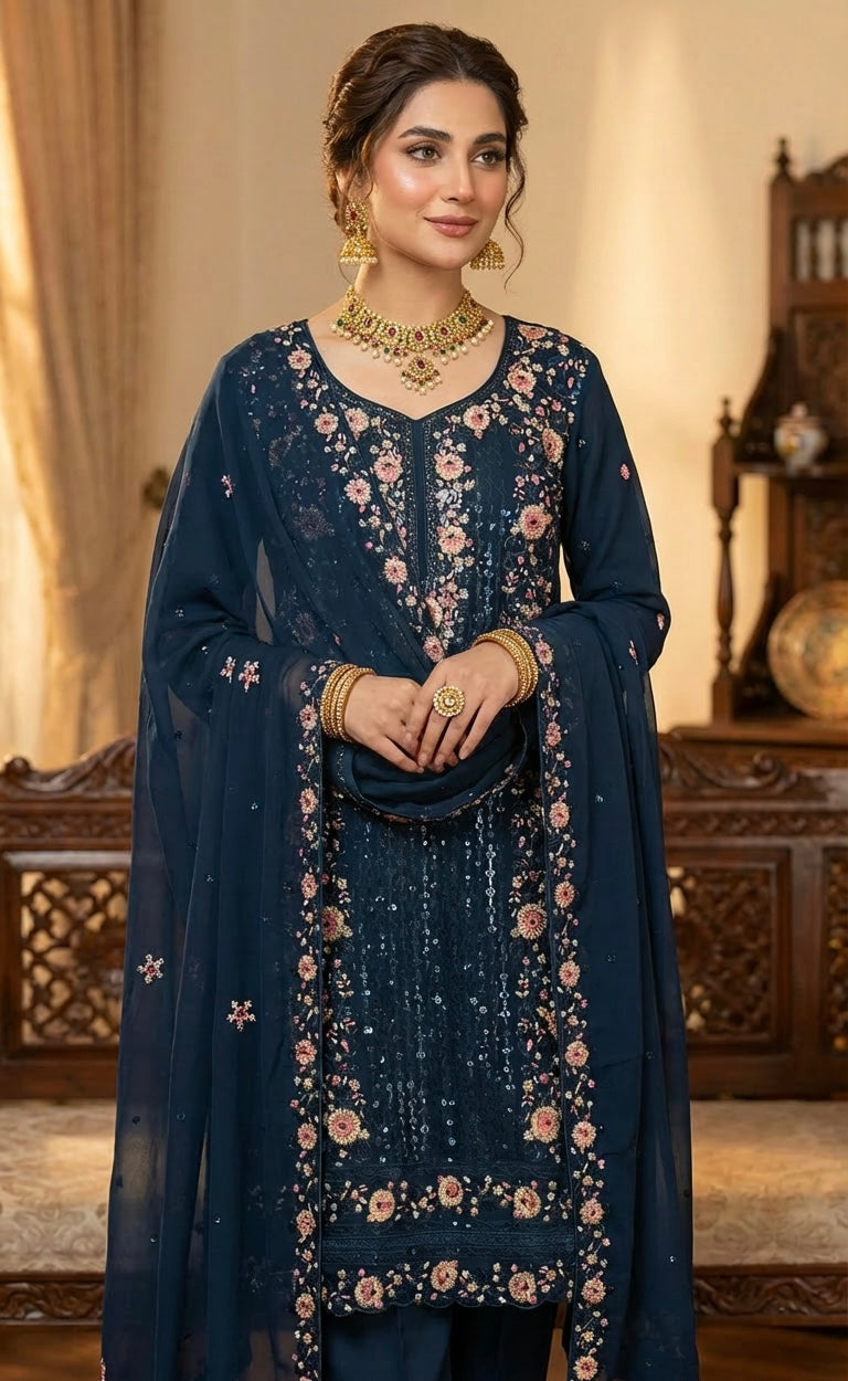 Chiffon Embroidered Sequins Suit Teal