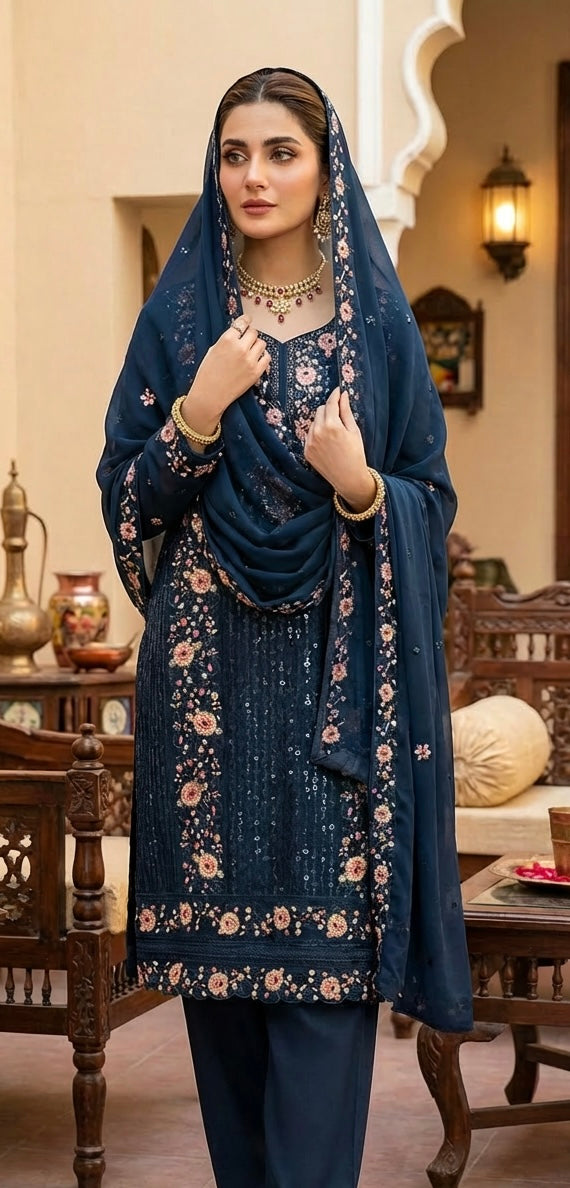 Chiffon Embroidered Sequins Suit Teal