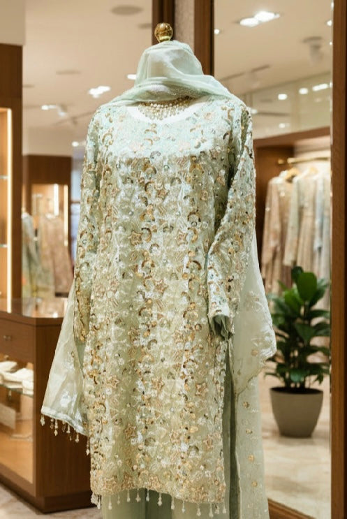 Korean Silk Cutdana 3 Piece Suit Mint