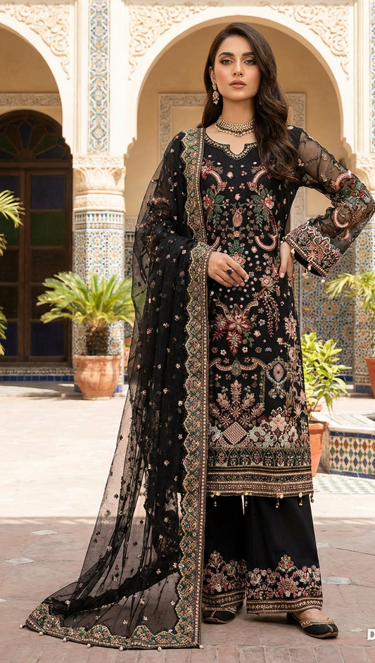Embroidered Net Suit Black