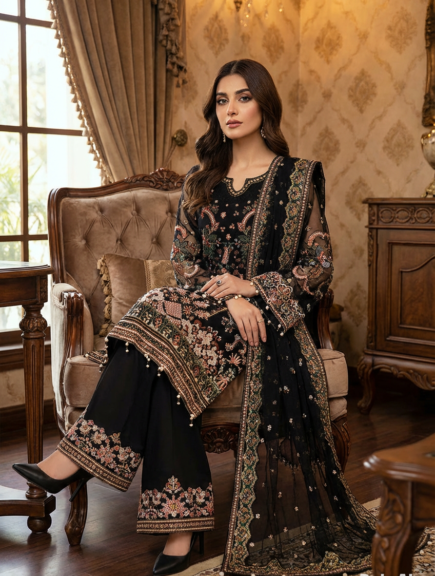 Embroidered Net Suit Black