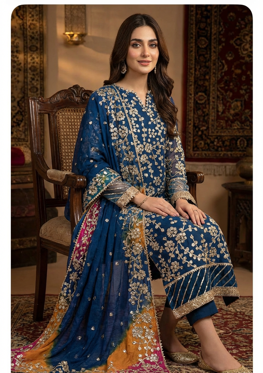 Hand Gota Work Suit Teal Blue