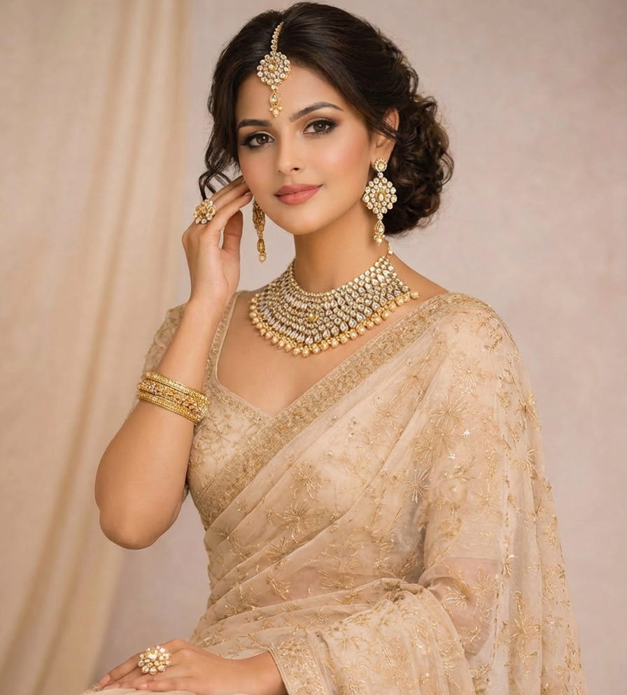 Champagne & Gold Kundan Set 3 PCsy
