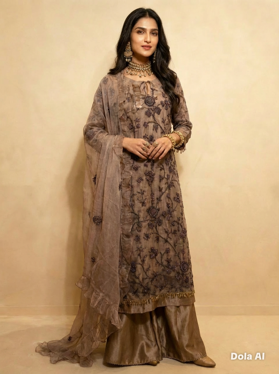 Cutdana Net Sharara Suit Mocha