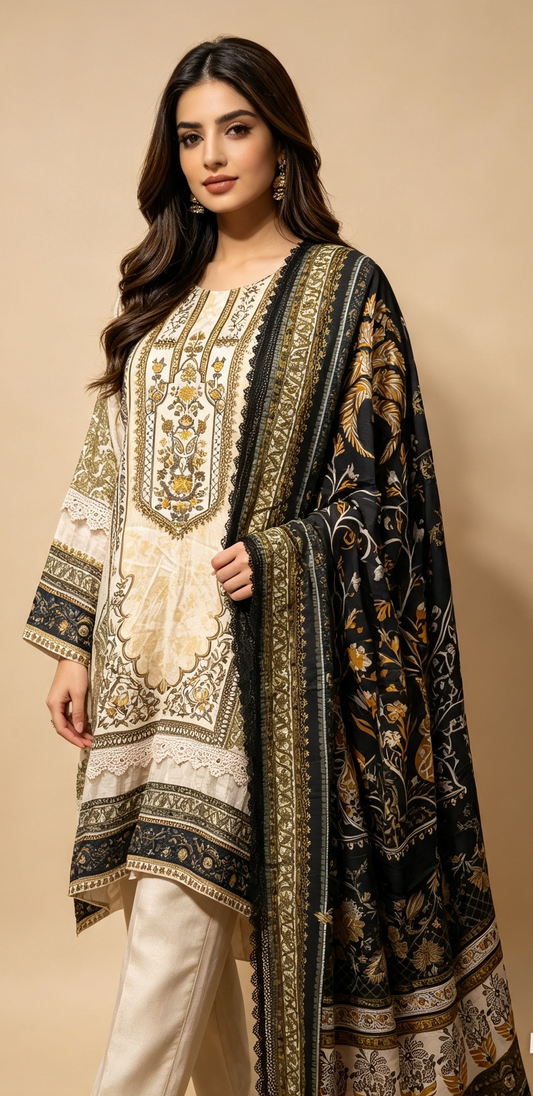 Printed Linen Suit Cream