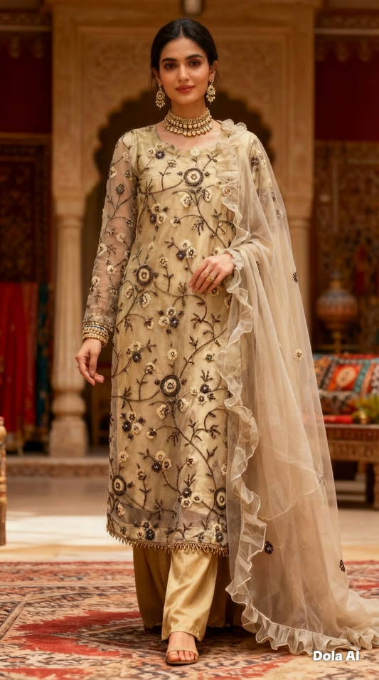 Net Cutdana Sharara Suit Gold