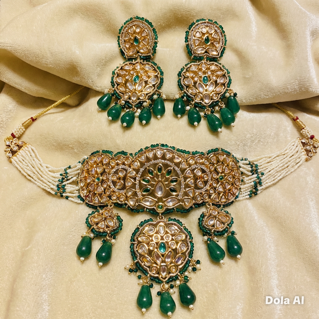 Gold Plated 2 Piece Kundan Set Green