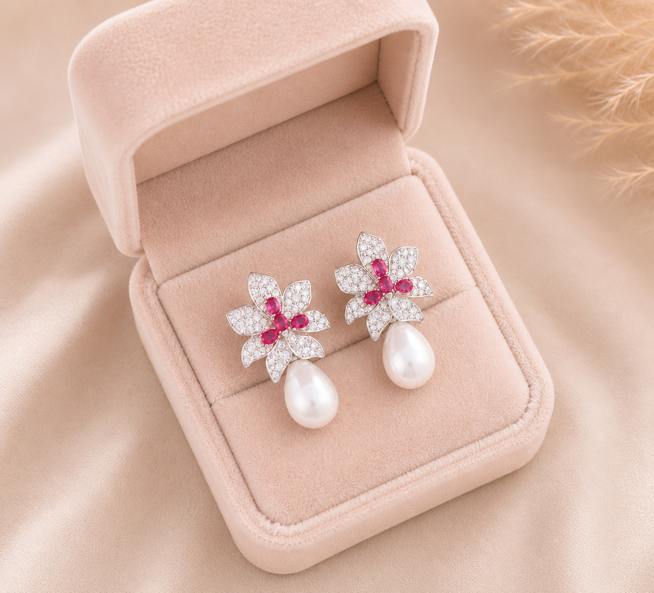 Pearl Drop Pink Zircon Earrings