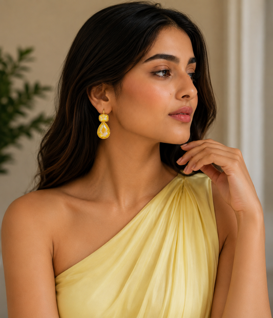 Zircon Pear Drop Gold Plated Earrings Yellow