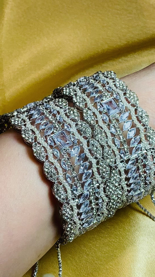Silver & Clear Stonework Openable Bangle Set of 2